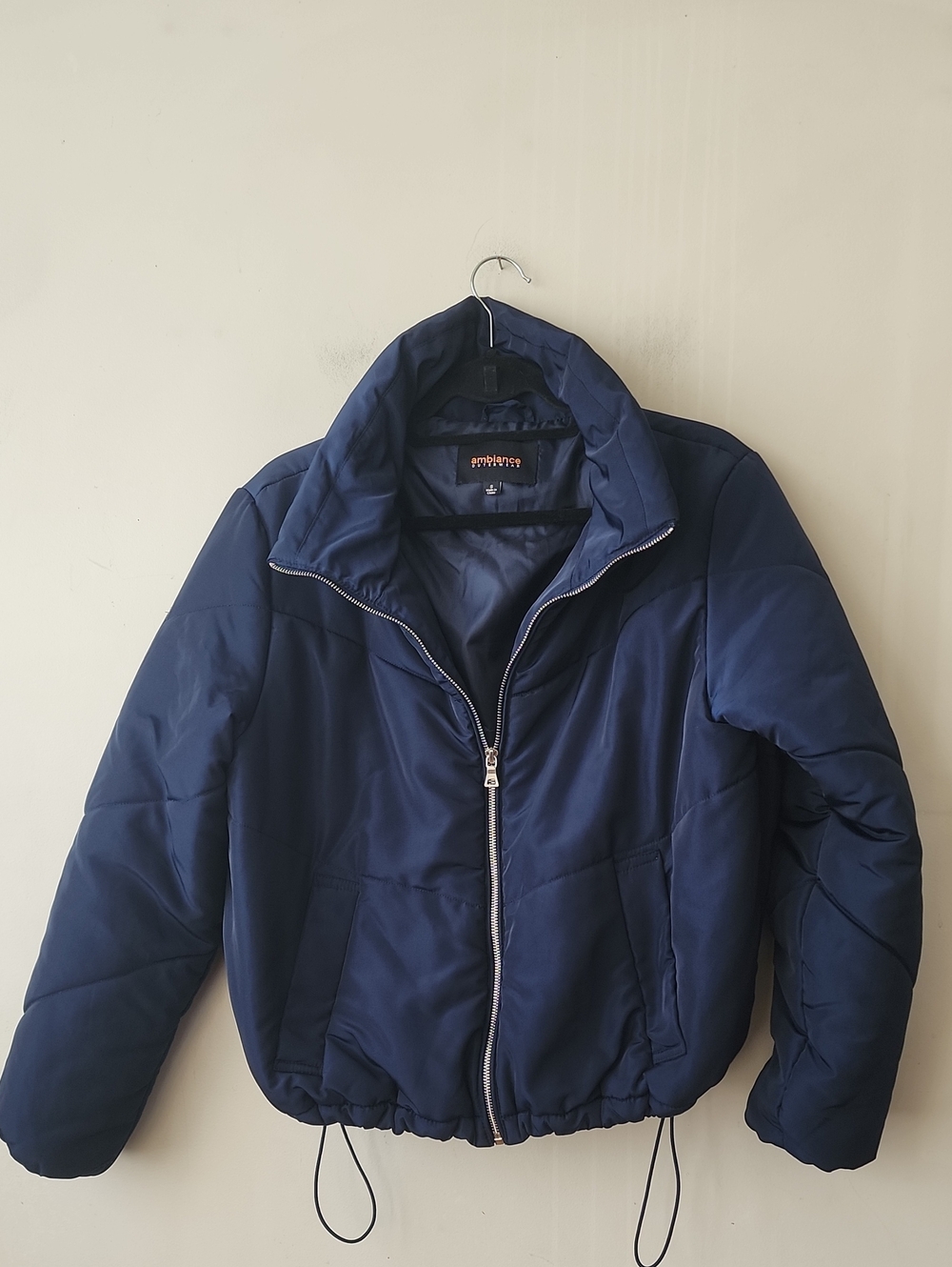 Ambiance Men's Navy Blue Puffer Jacket with High Collar